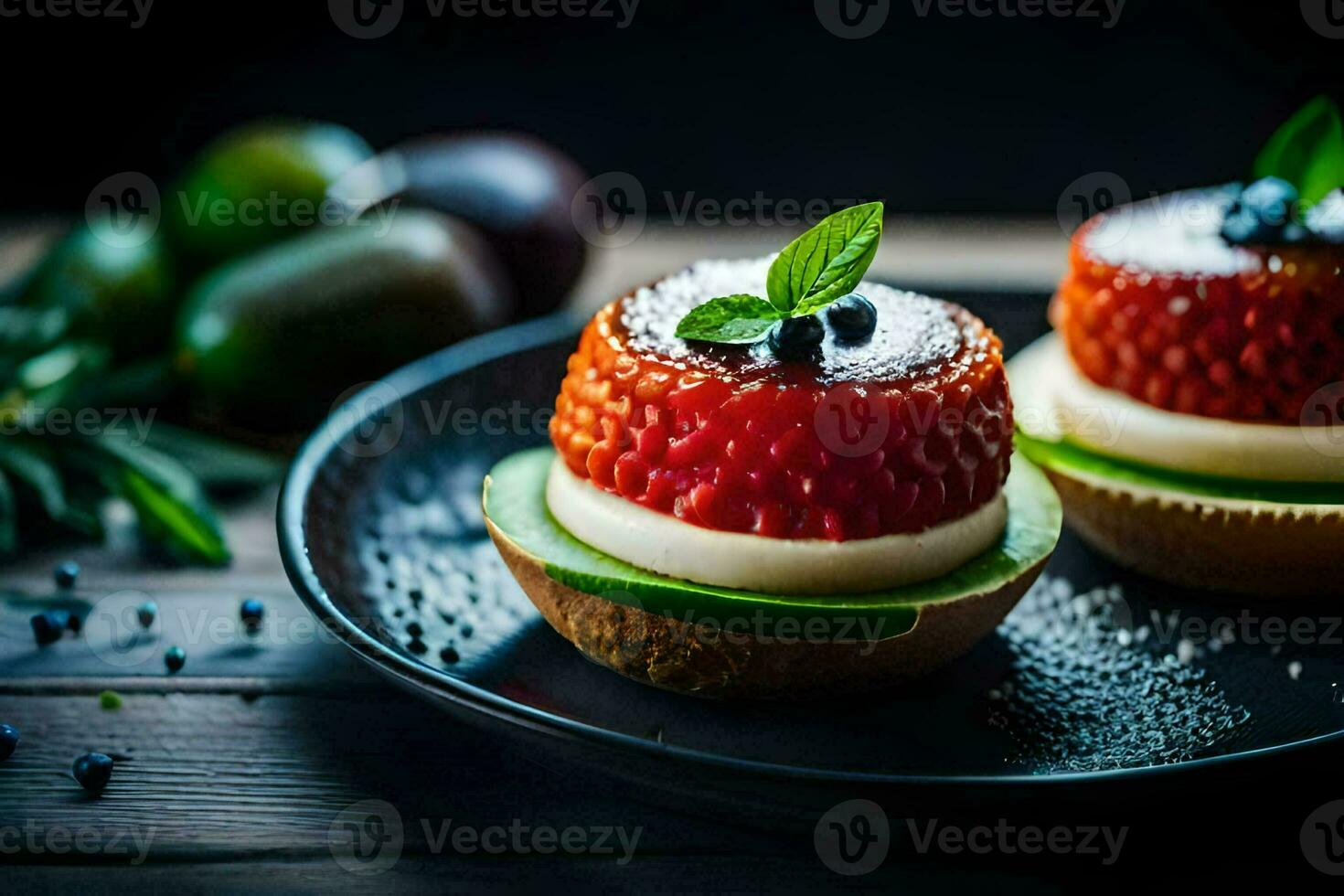 two small desserts with strawberries and cream on a black plate. AI-Generated photo