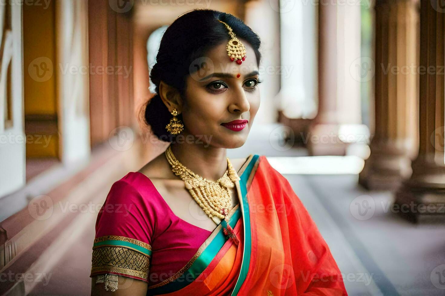 a beautiful indian woman wearing a sari and jewelry. AI-Generated photo