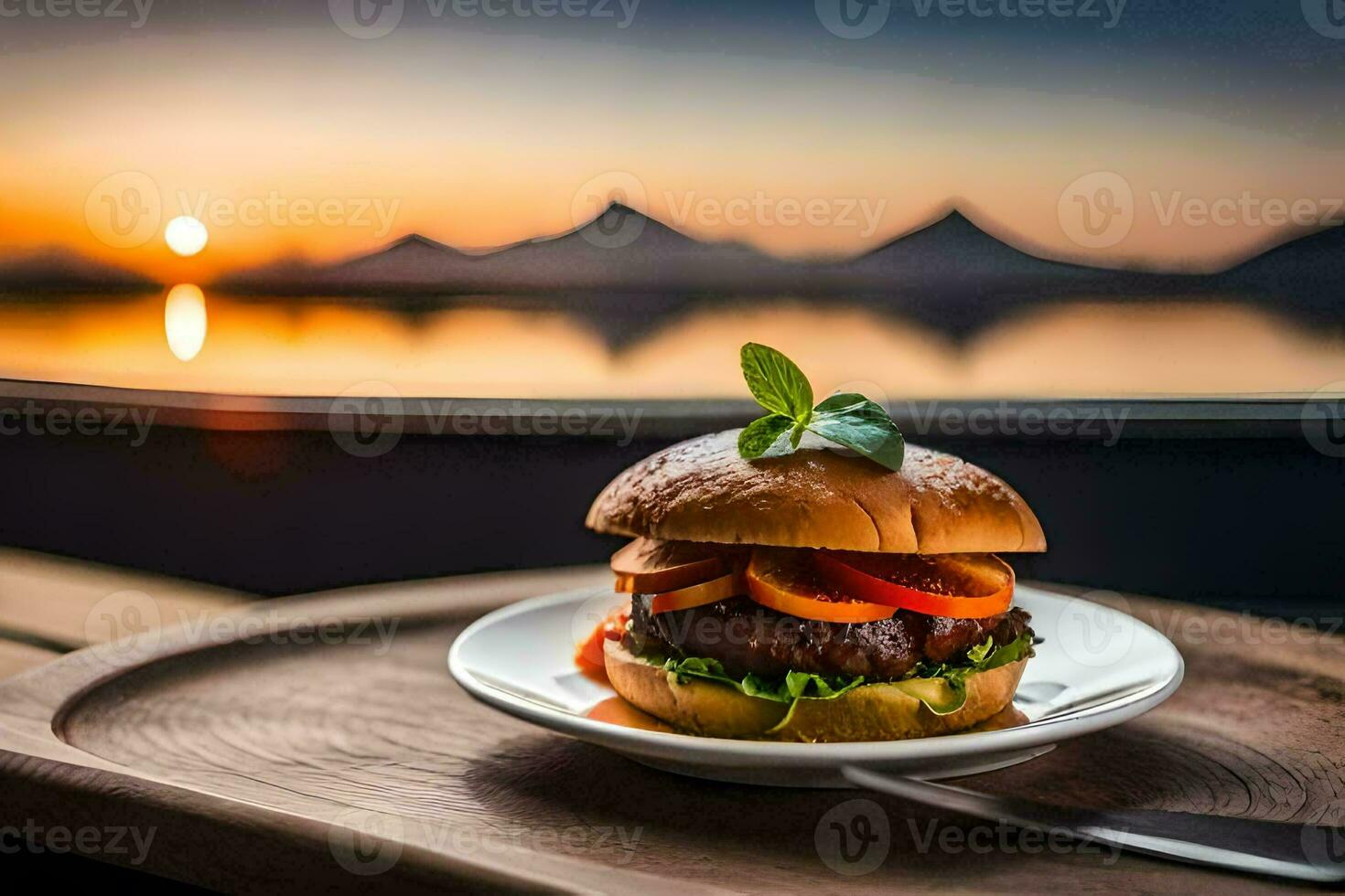 a hamburger on a plate with a view of the lake. AI-Generated photo