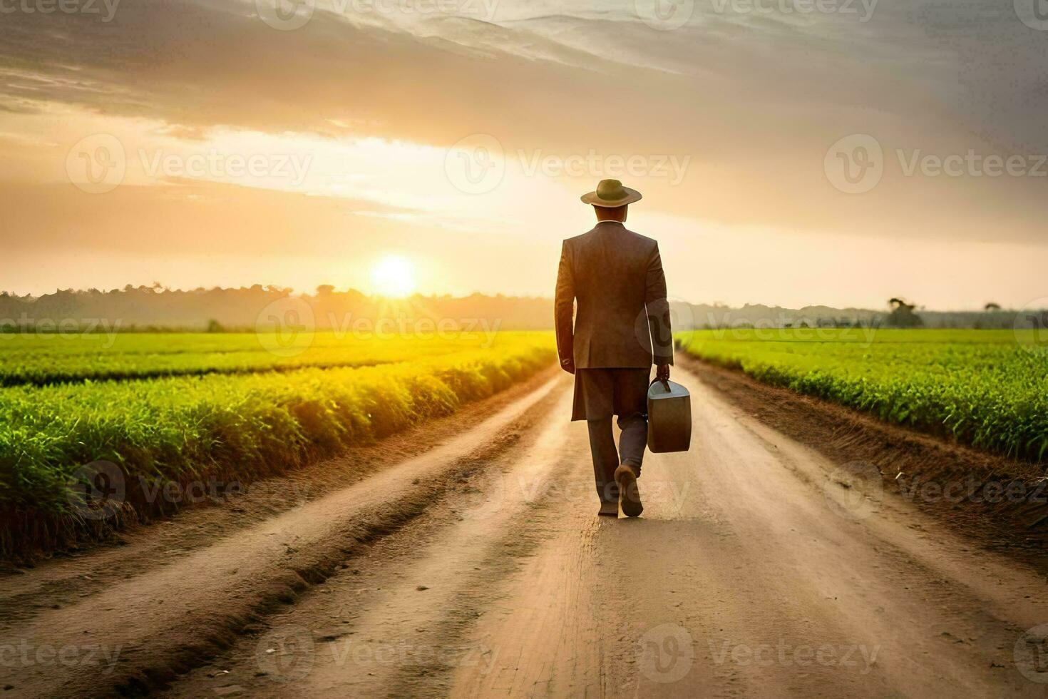 a man in a hat and suit walking down a dirt road with a suitcase. AI-Generated photo