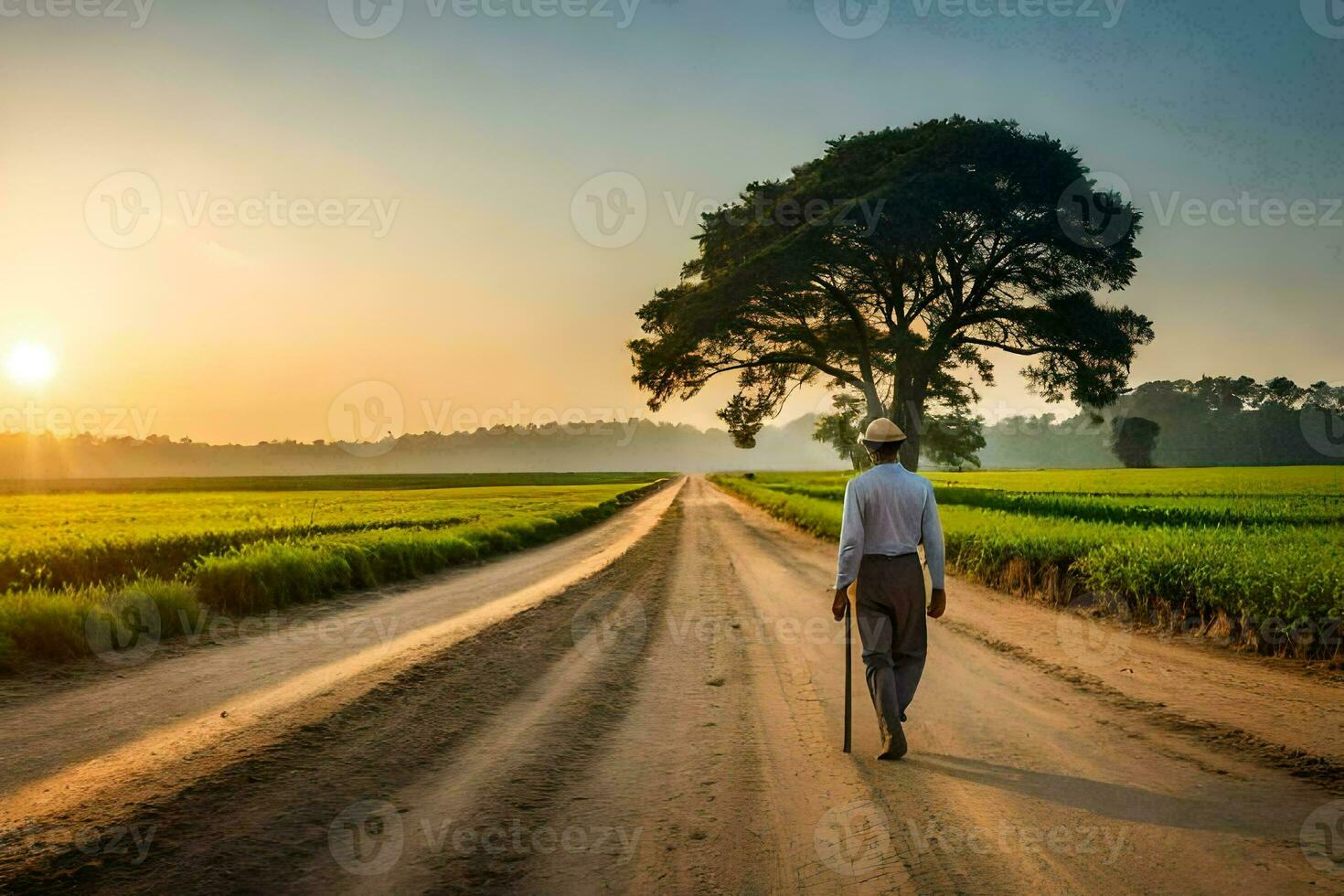 a man walking down a dirt road in the middle of a field. AI-Generated photo