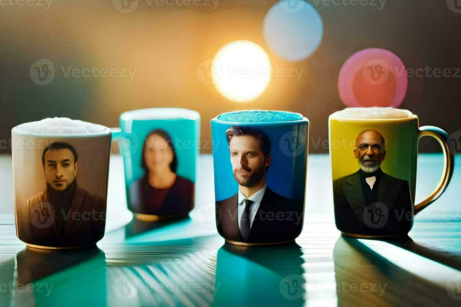 the coffee mugs are lined up with pictures of men. AI-Generated photo