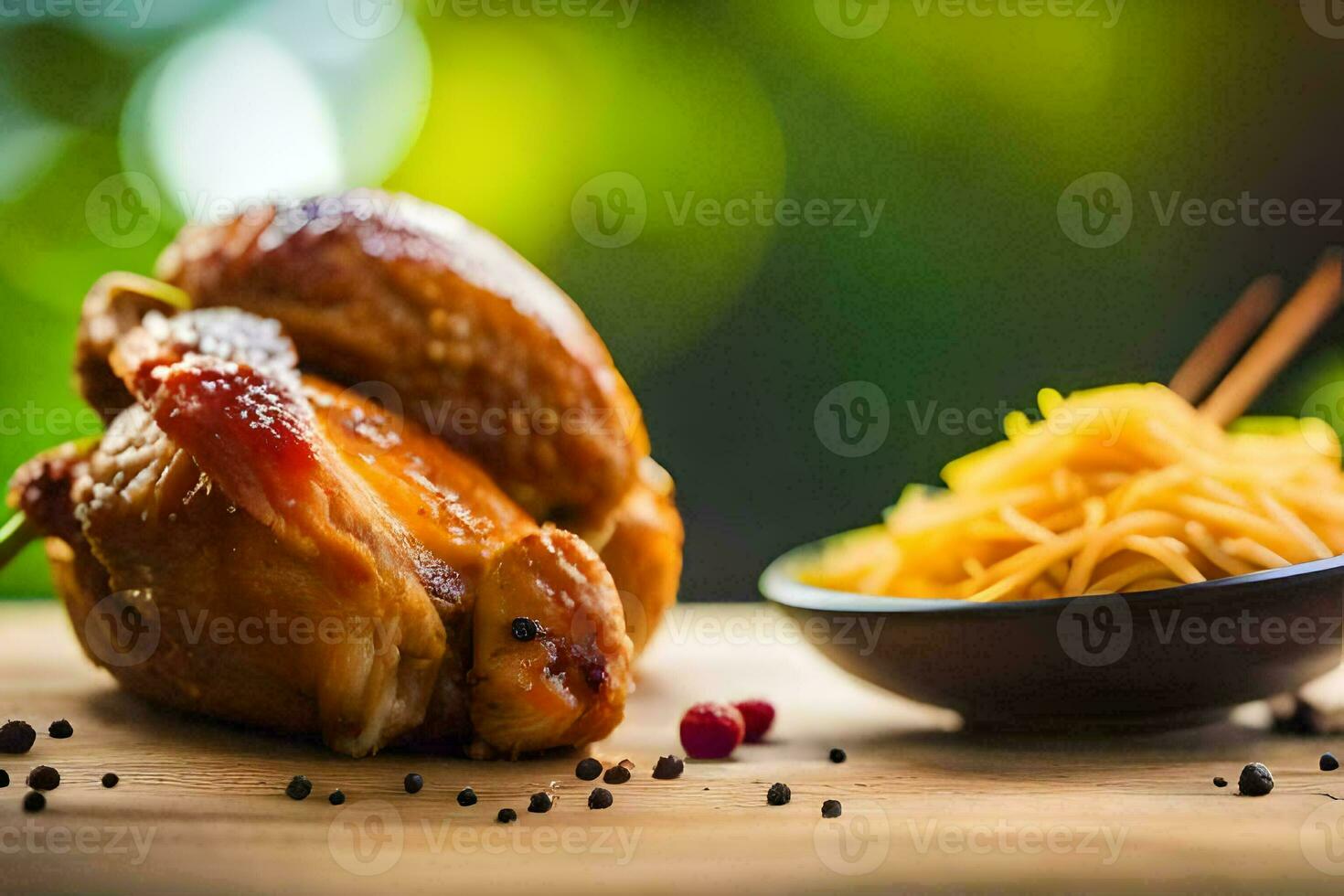 chicken with noodles and black pepper on a wooden table. AI-Generated photo