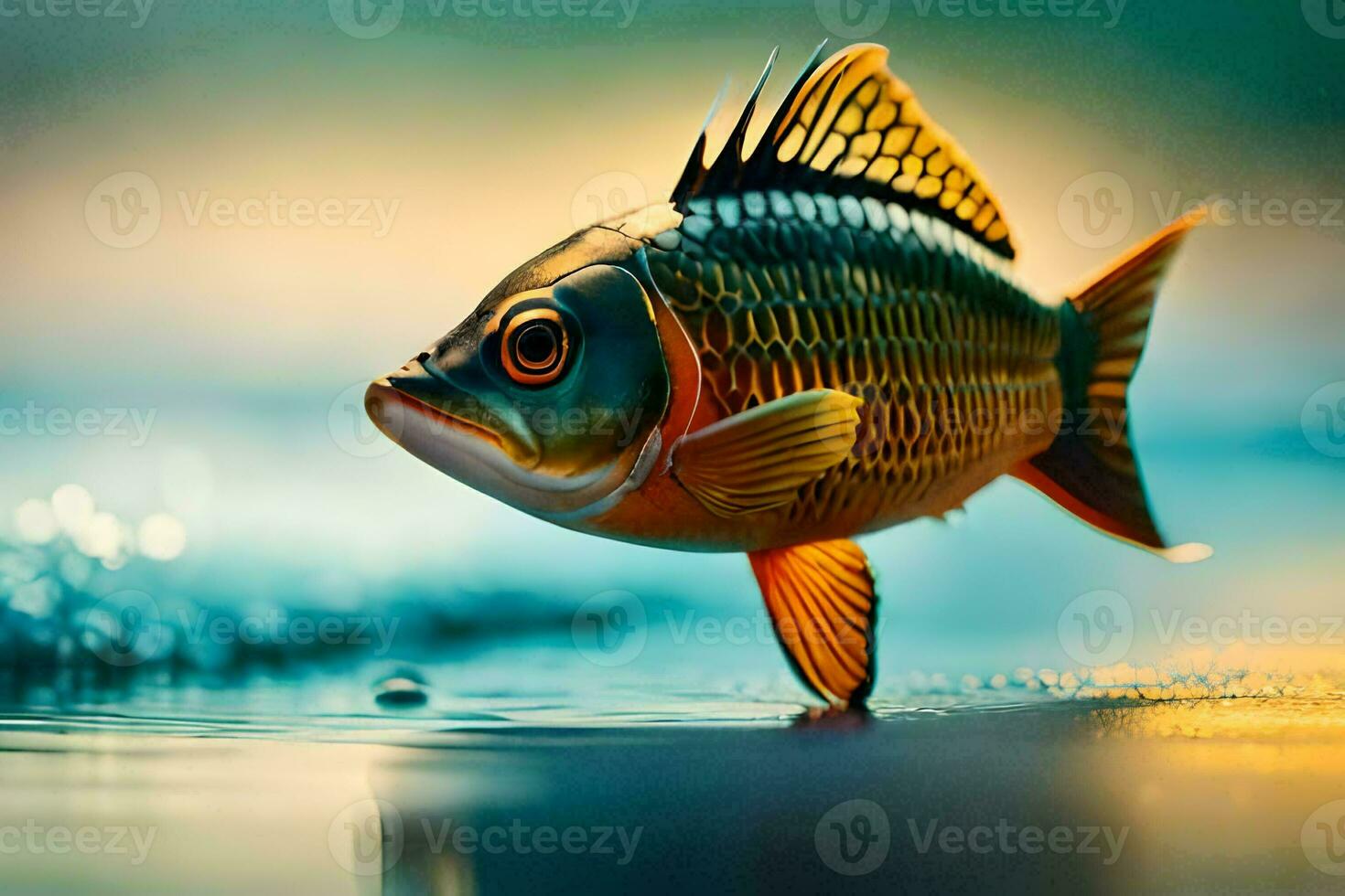 pescado en el agua con agua gotas. generado por ai foto