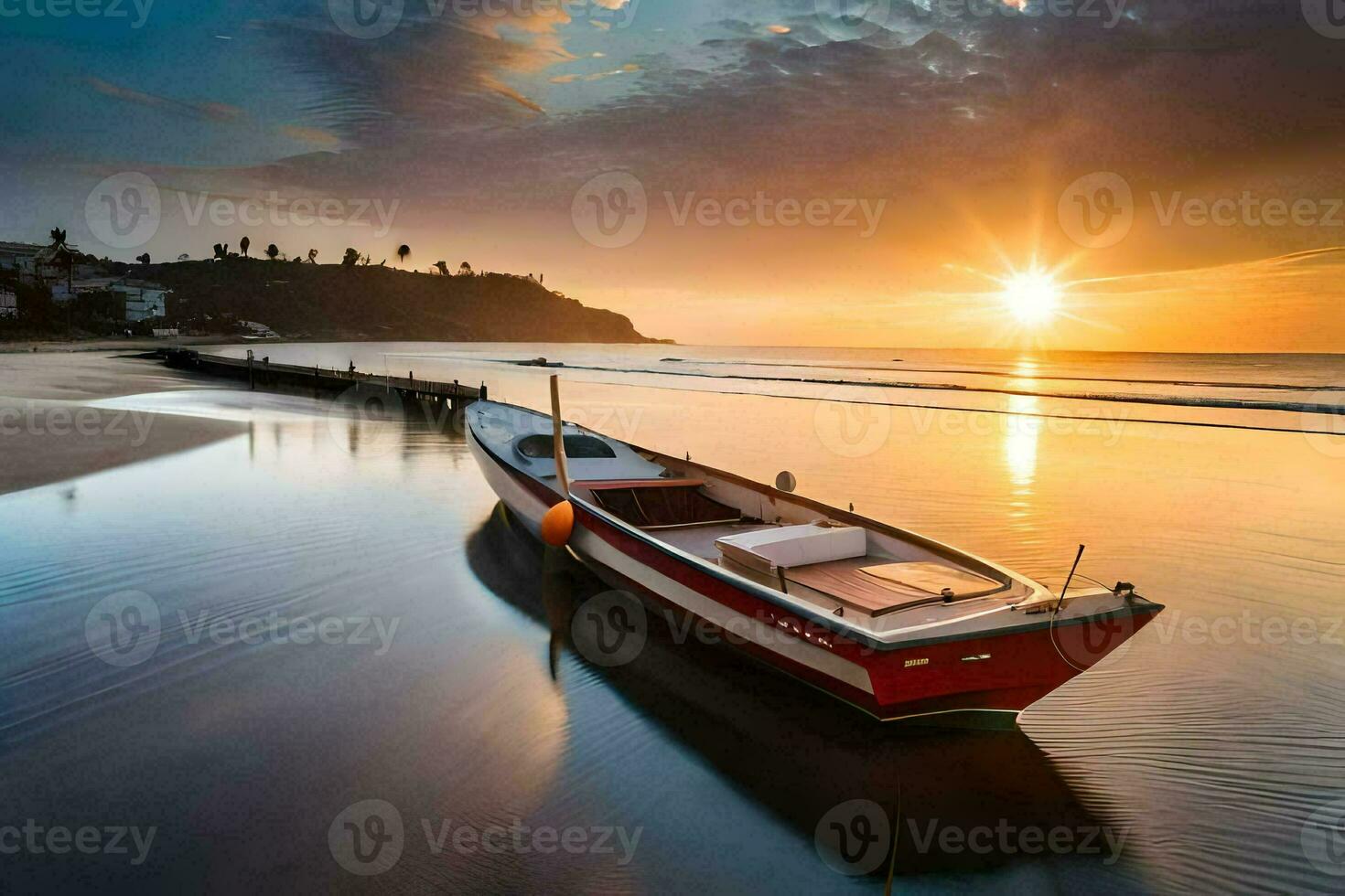 a boat sits on the beach at sunset. AI-Generated photo