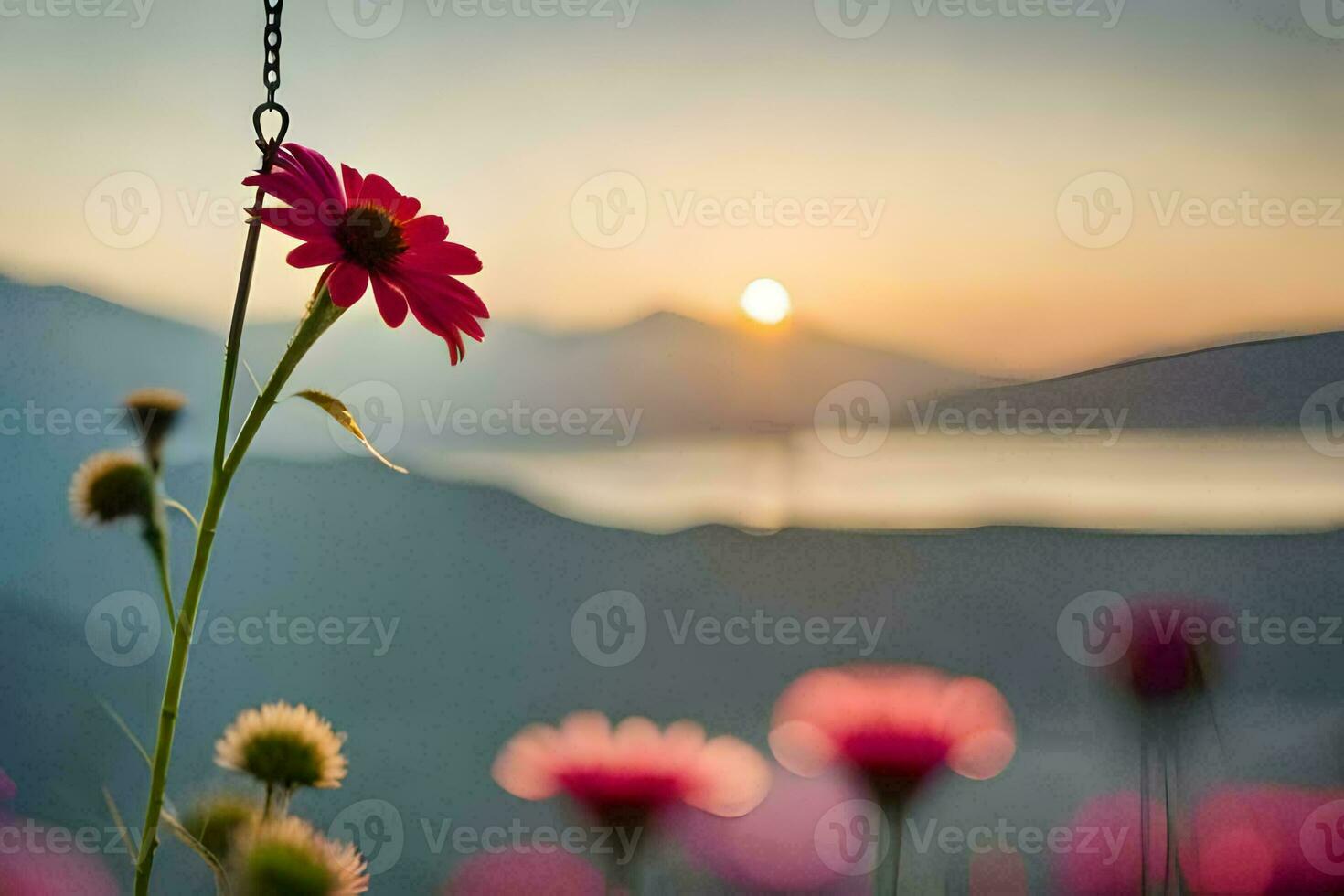 sunset, flowers, the mountains, the sea, the sky, the flowers, the flowers. AI-Generated photo