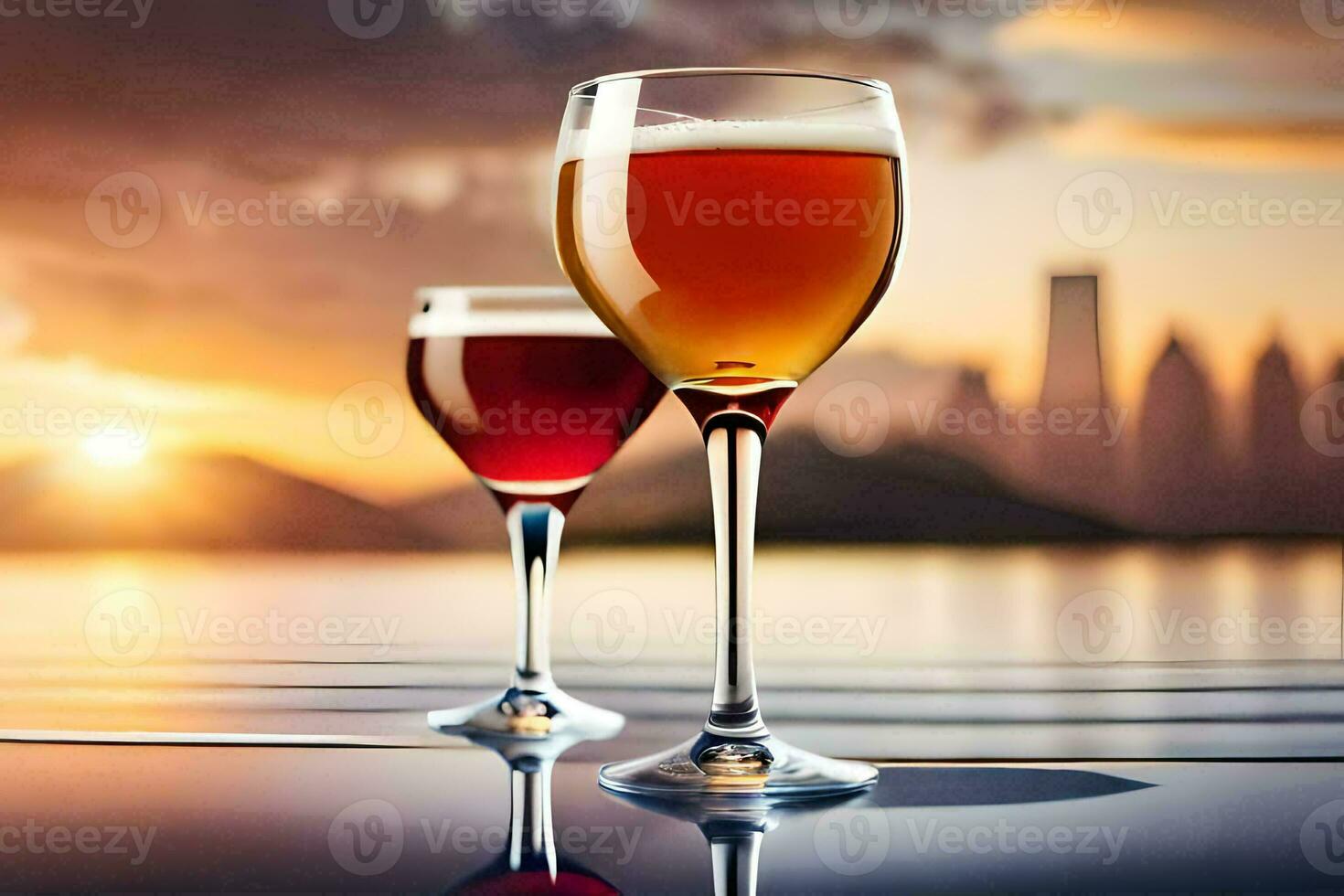 two glasses of wine on a table with a city in the background. AI-Generated photo