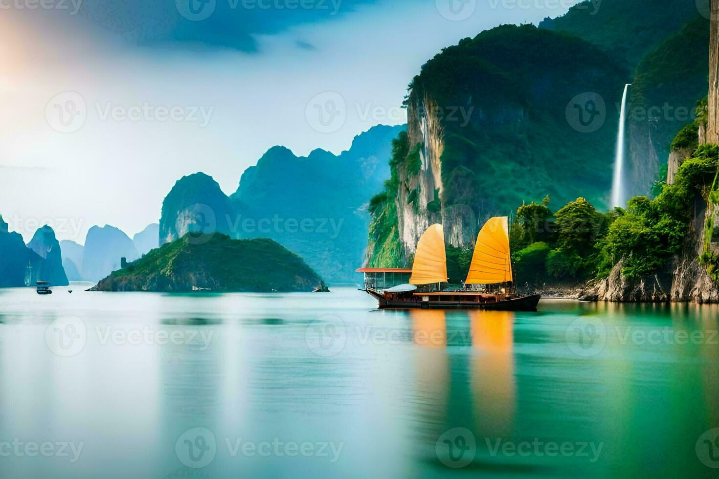 a boat in the water with mountains in the background. AI-Generated photo