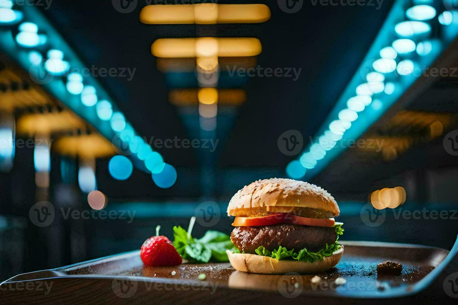 a hamburger is sitting on a wooden tray. AI-Generated photo