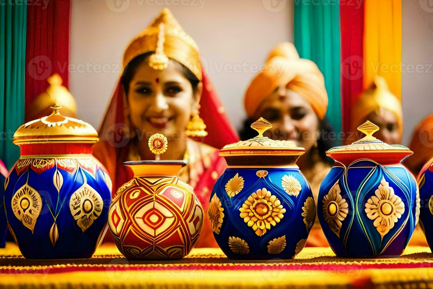 a group of women in traditional indian clothing are holding colorful vases. AI-Generated photo