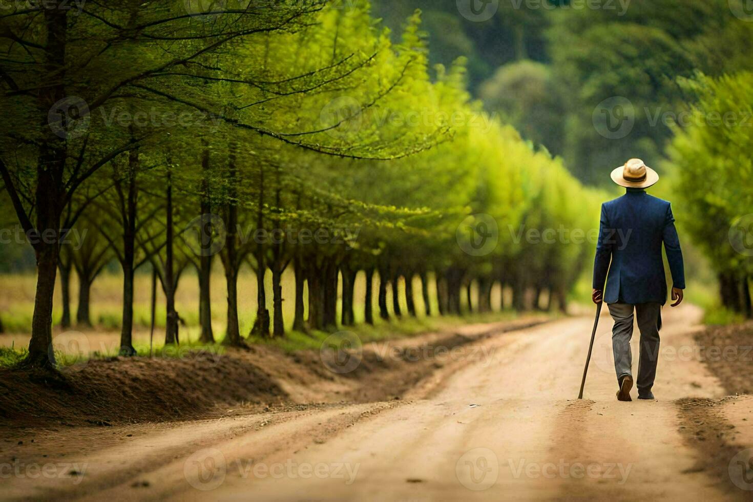 un hombre en un traje y sombrero caminando abajo un suciedad la carretera. generado por ai foto