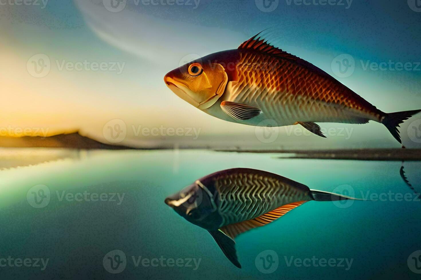 two fish swimming in the water at sunset. AI-Generated photo