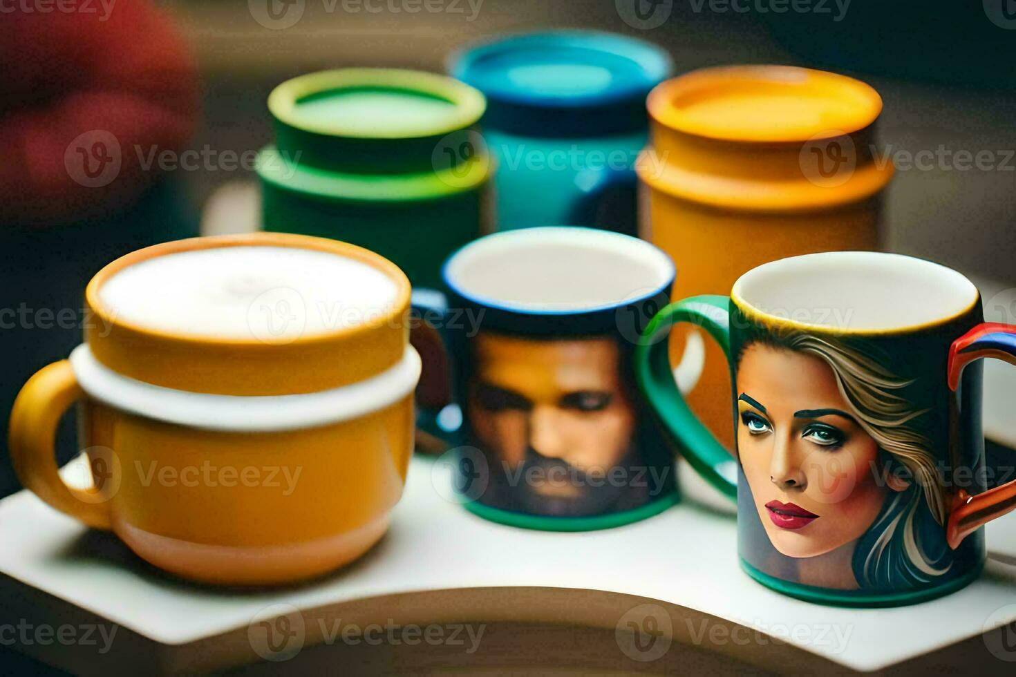 colorful mugs with pictures of people on them. AI-Generated photo