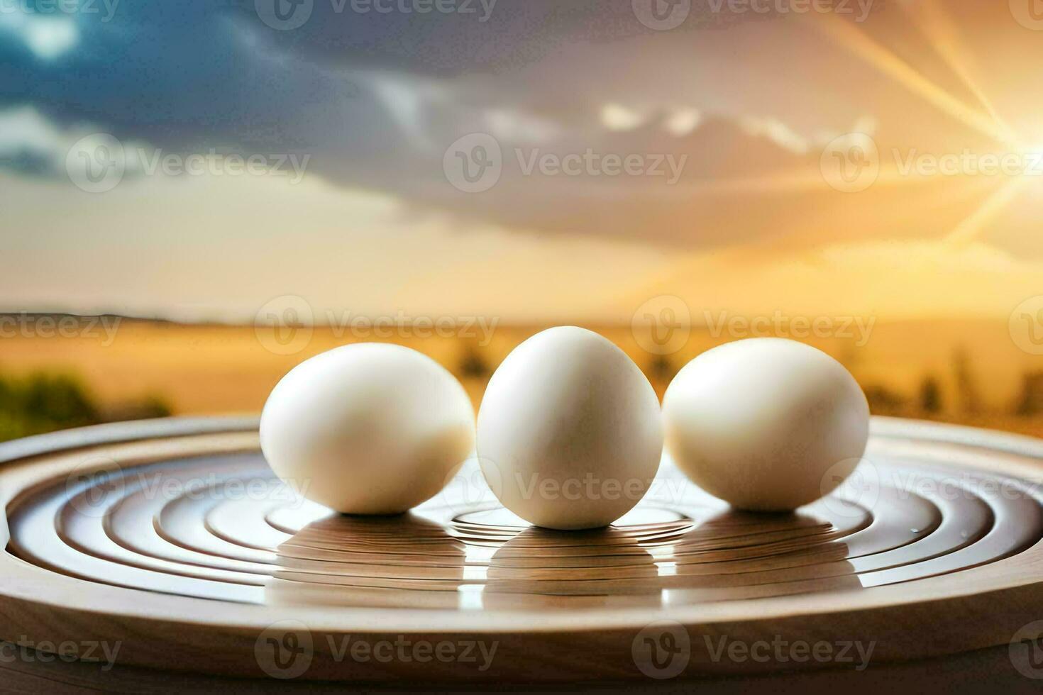 three eggs on a wooden tray with the sun in the background. AI-Generated photo