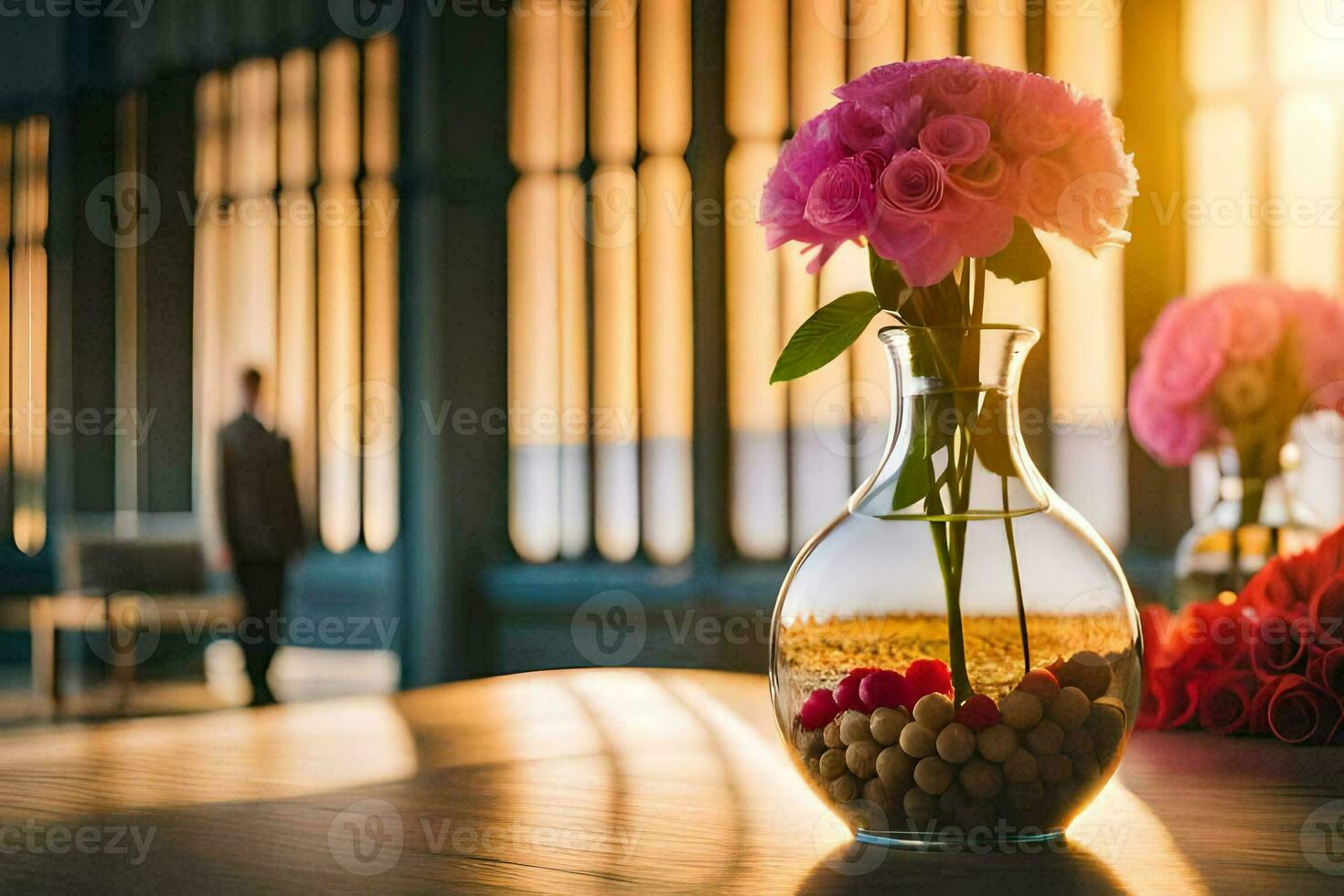 a vase with pink flowers sitting on a table. AI-Generated photo