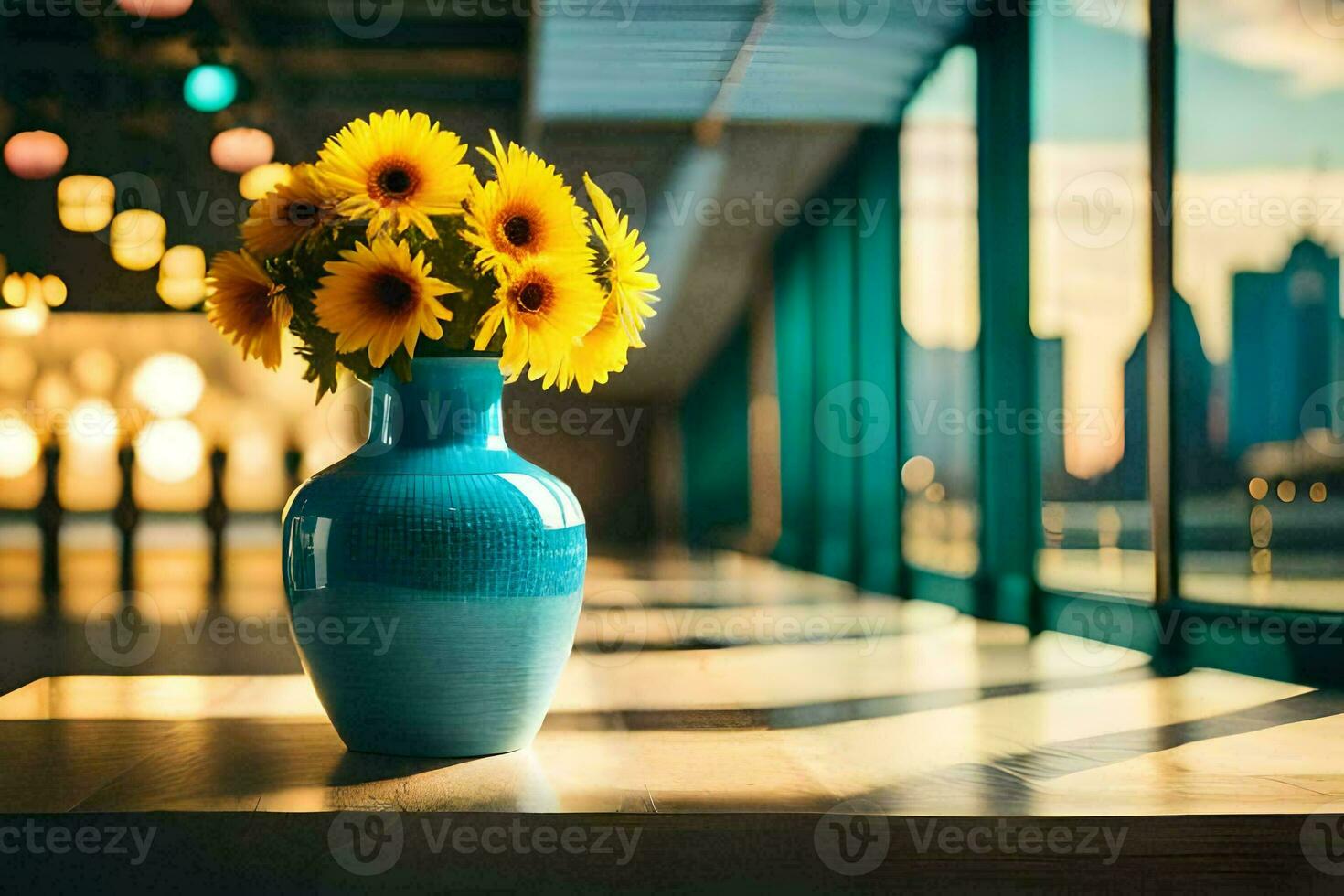 sunflowers in a vase on a table in front of a window. AI-Generated photo