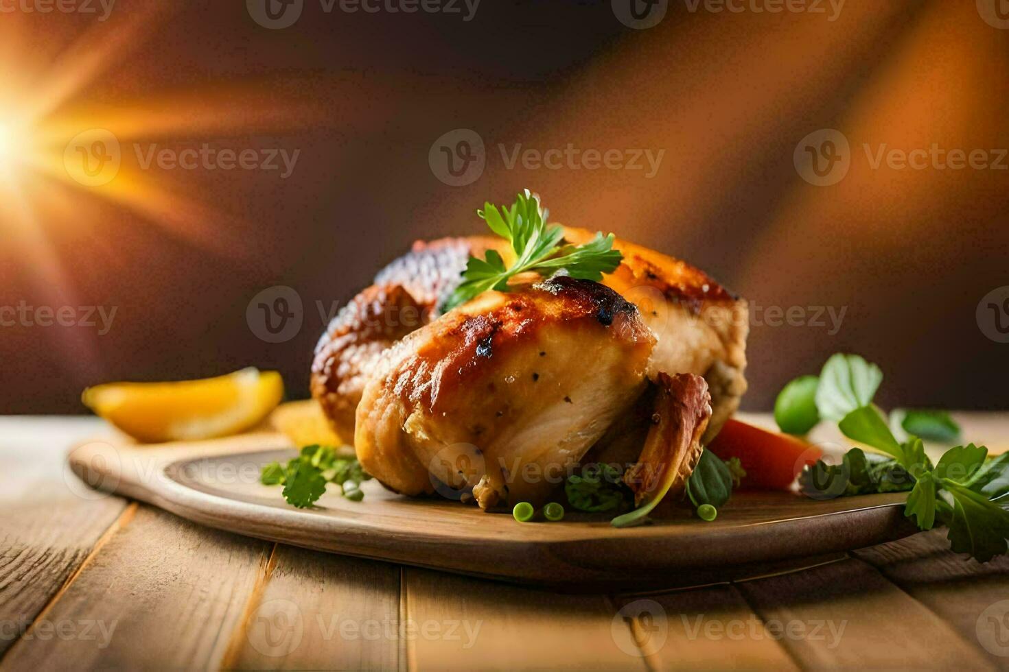 a chicken on a wooden plate with a slice of lemon. AI-Generated photo