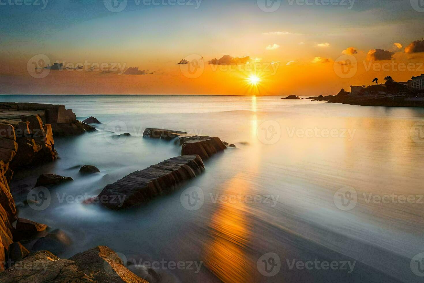the sun sets over the ocean in this long exposure photo. AI-Generated photo