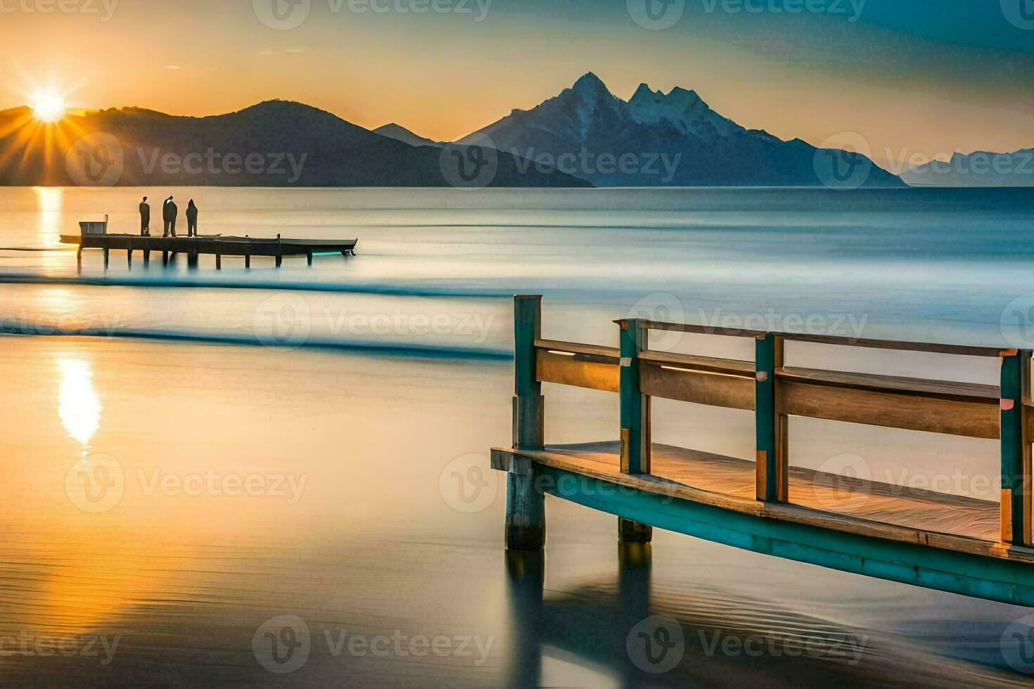 un muelle a puesta de sol con montañas en el antecedentes. generado por ai foto