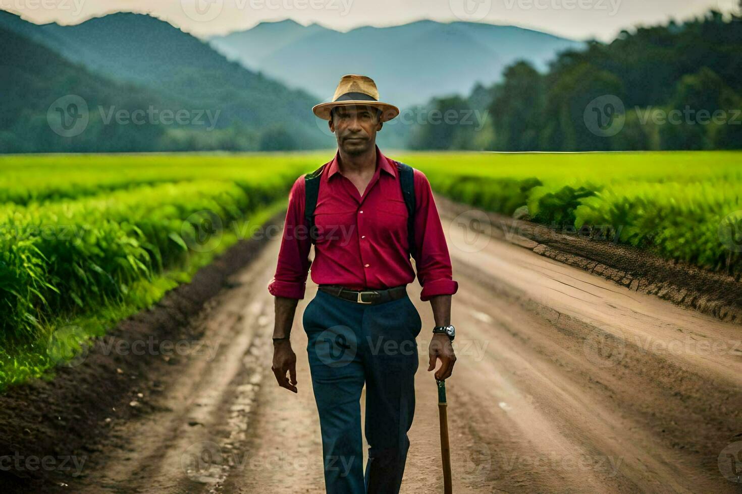 a man in a red shirt and hat walking down a dirt road. AI-Generated photo