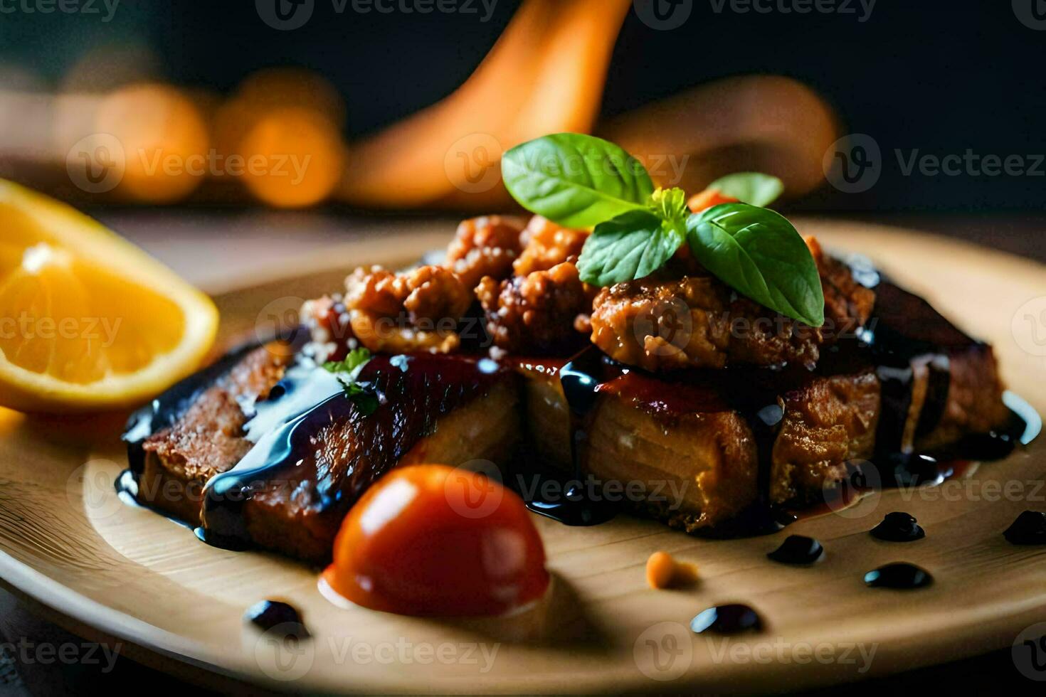 a plate of food with meat and vegetables on it. AI-Generated photo