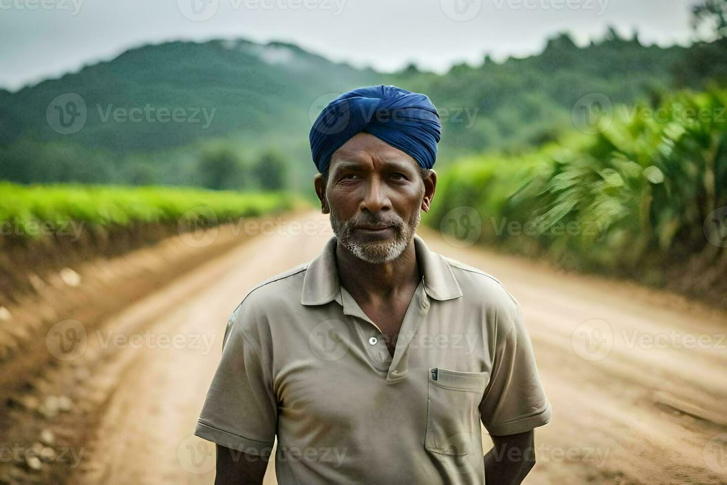 a man wearing a turban stands on a dirt road. AI-Generated photo