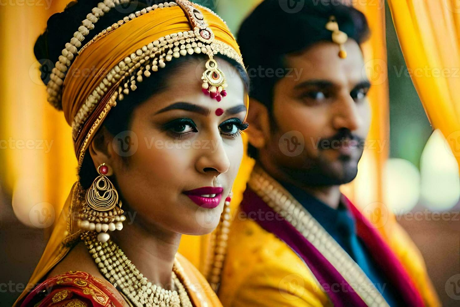 a beautiful indian bride and groom in traditional attire. AI-Generated photo