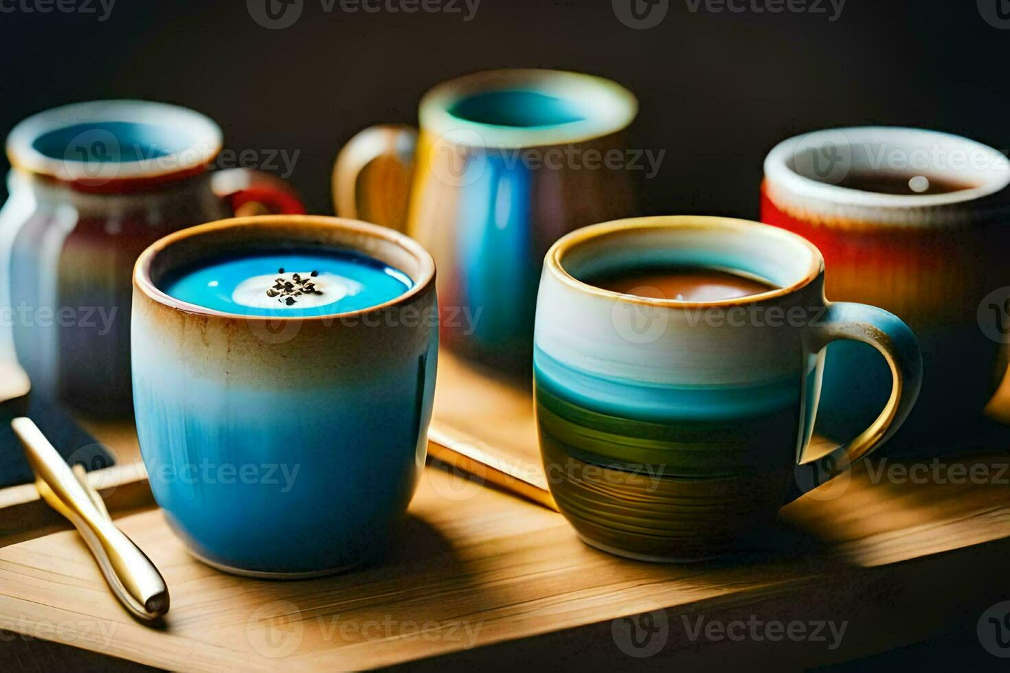 vistoso café tazas en un de madera bandeja. generado por ai foto