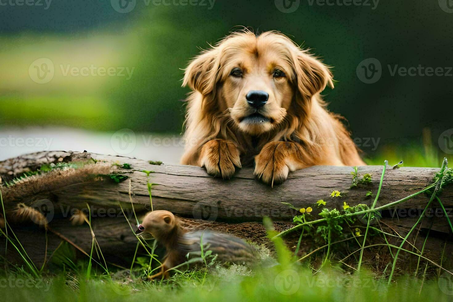 a golden retriever sits on a log in the grass. AI-Generated photo