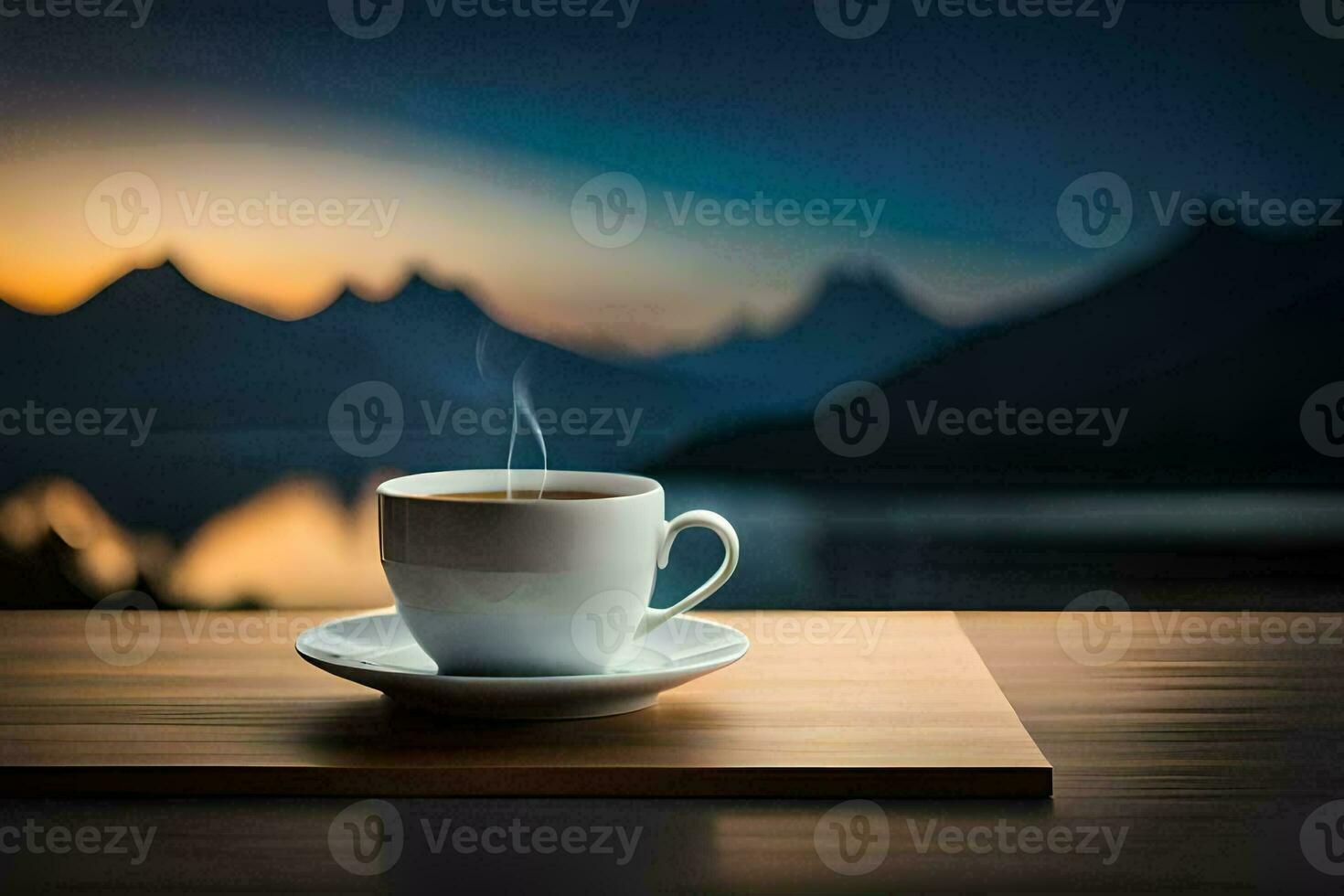 un taza de café en un mesa en frente de un montaña lago. generado por ai foto