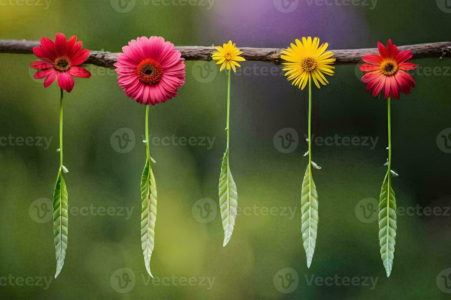 four colorful flowers hanging from a branch. AI-Generated photo