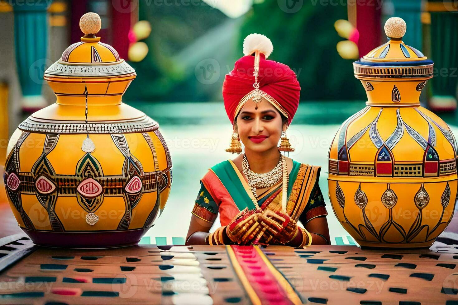 un mujer en tradicional indio atuendo poses con dos grande jarrones generado por ai foto