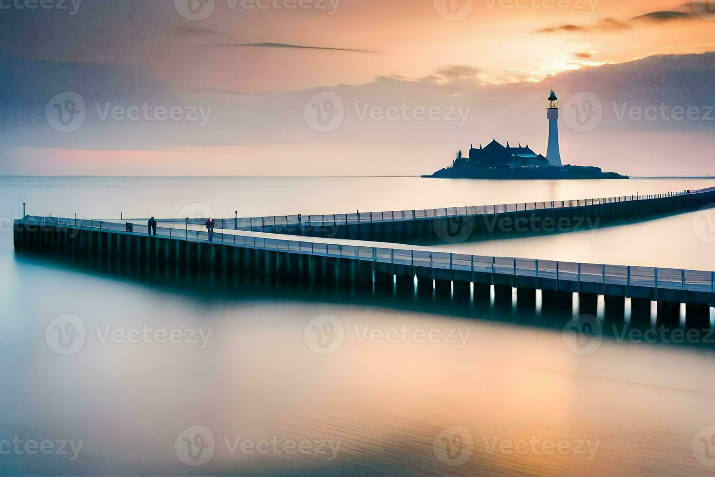 a long exposure photograph of a pier with a lighthouse in the background. AI-Generated photo