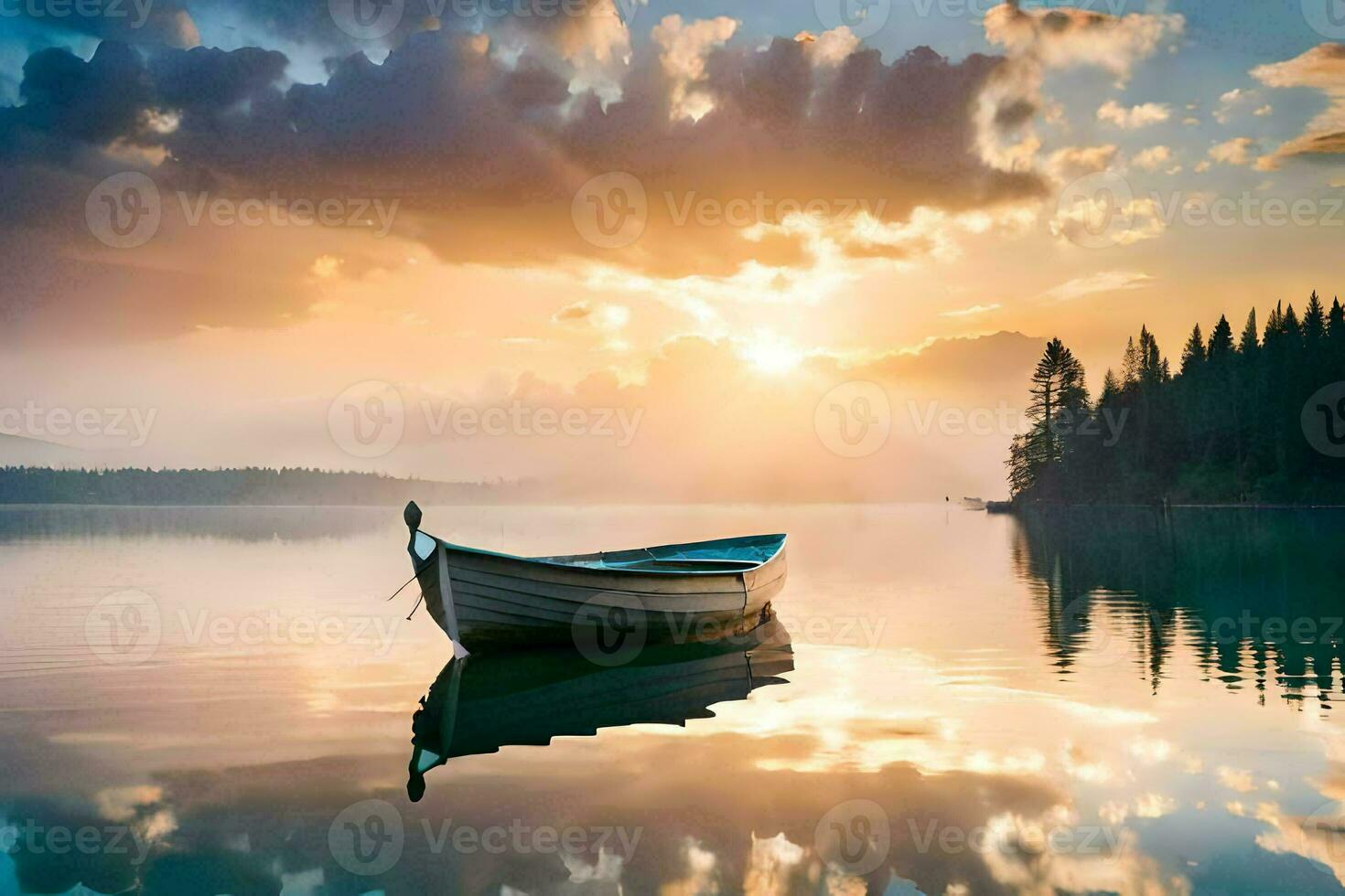 a boat sits on the water at sunset. AI-Generated photo