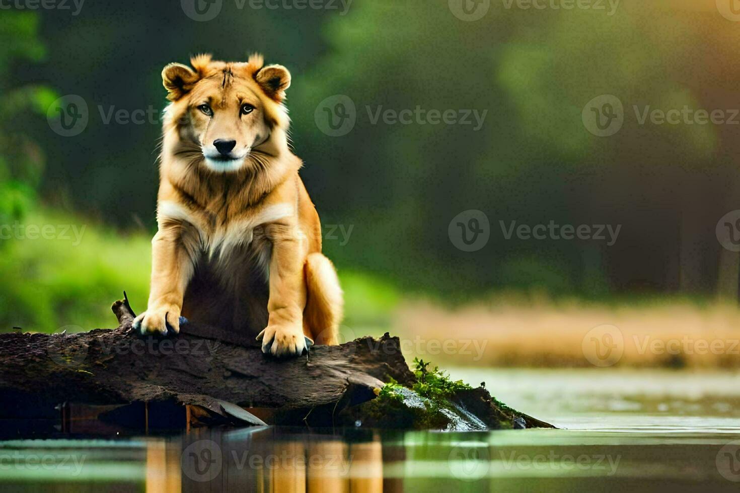 lion sitting on a log in the water. AI-Generated photo