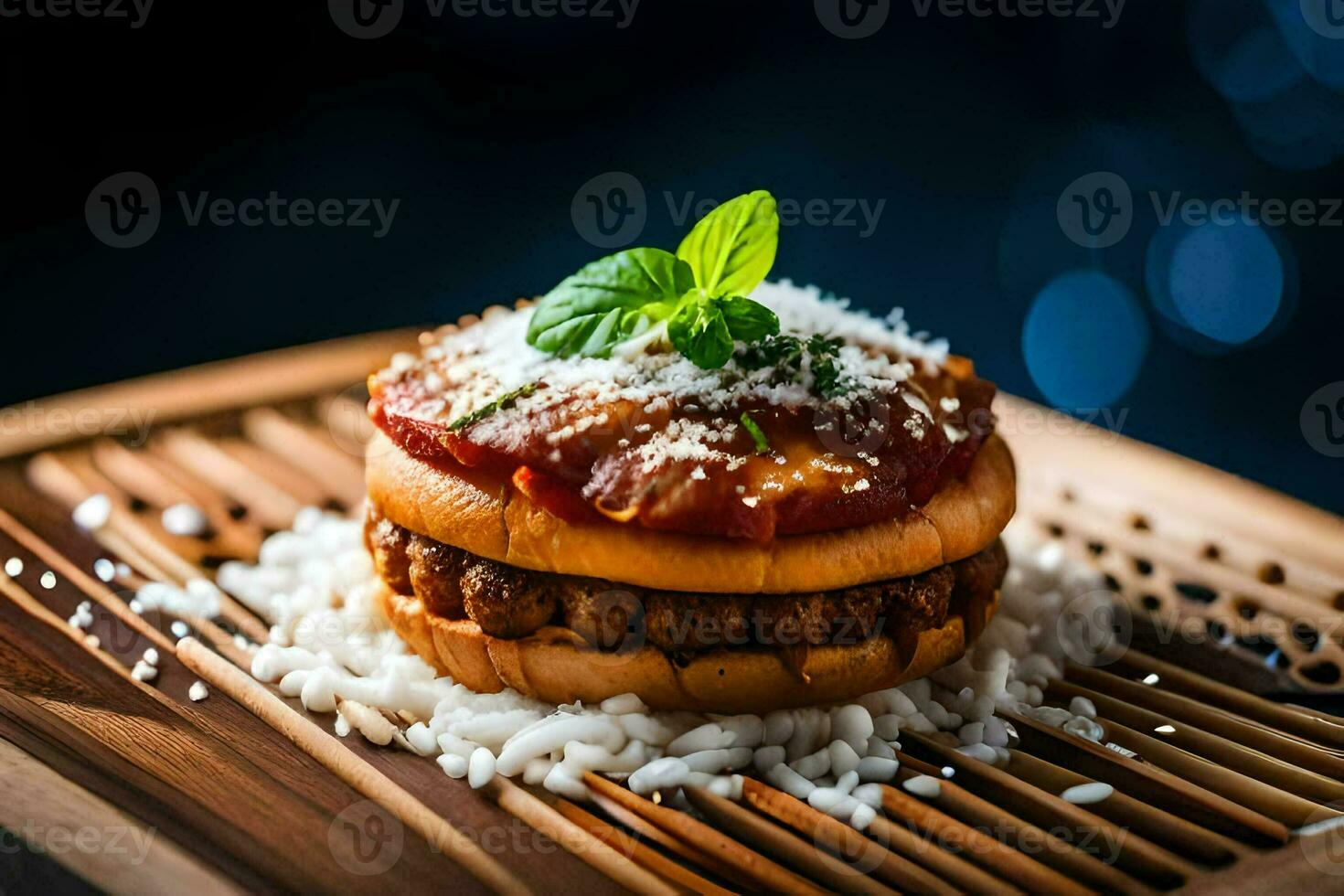 a hamburger with tomato and rice on top. AI-Generated photo