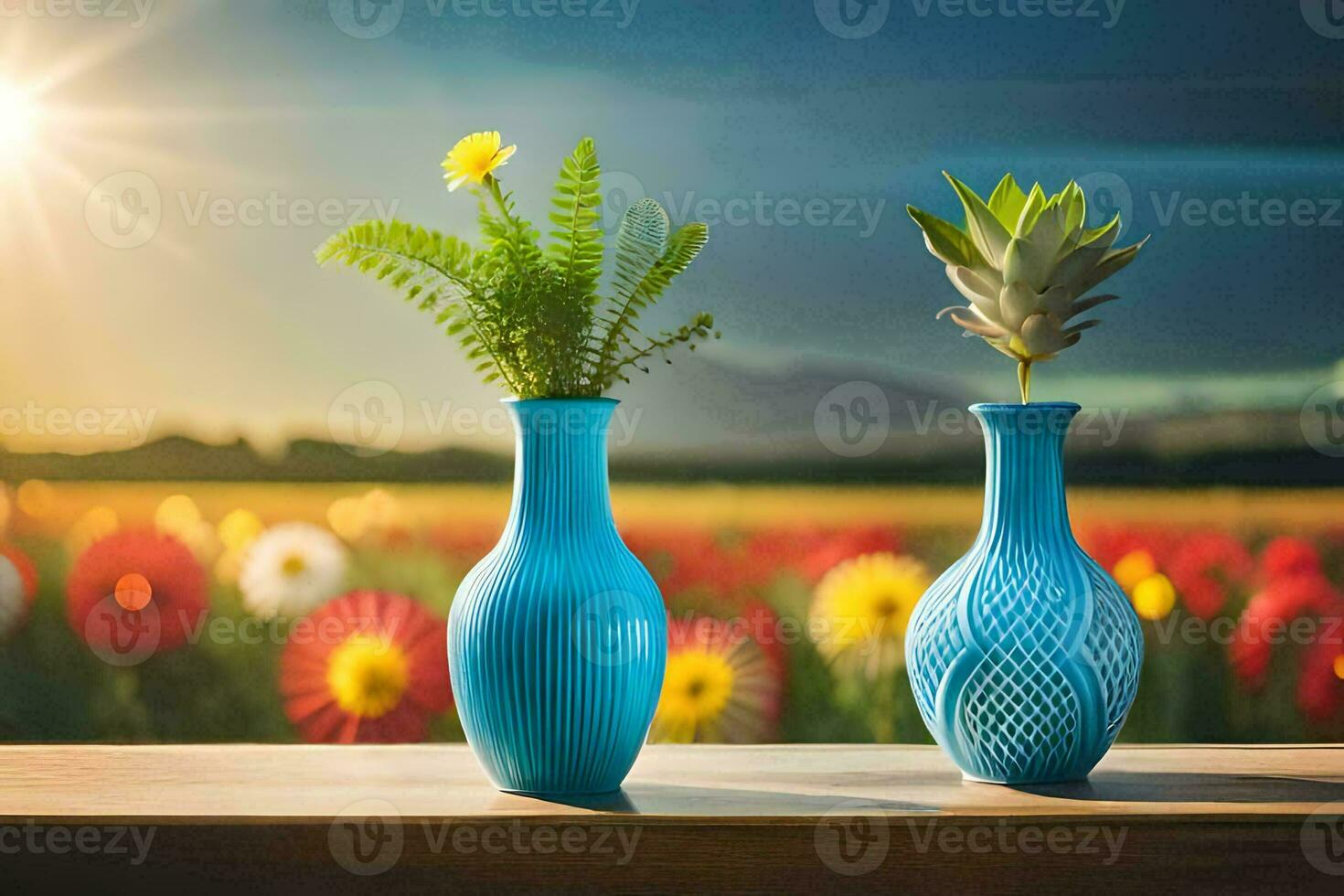 two blue vases with flowers on a table in front of a field. AI-Generated photo