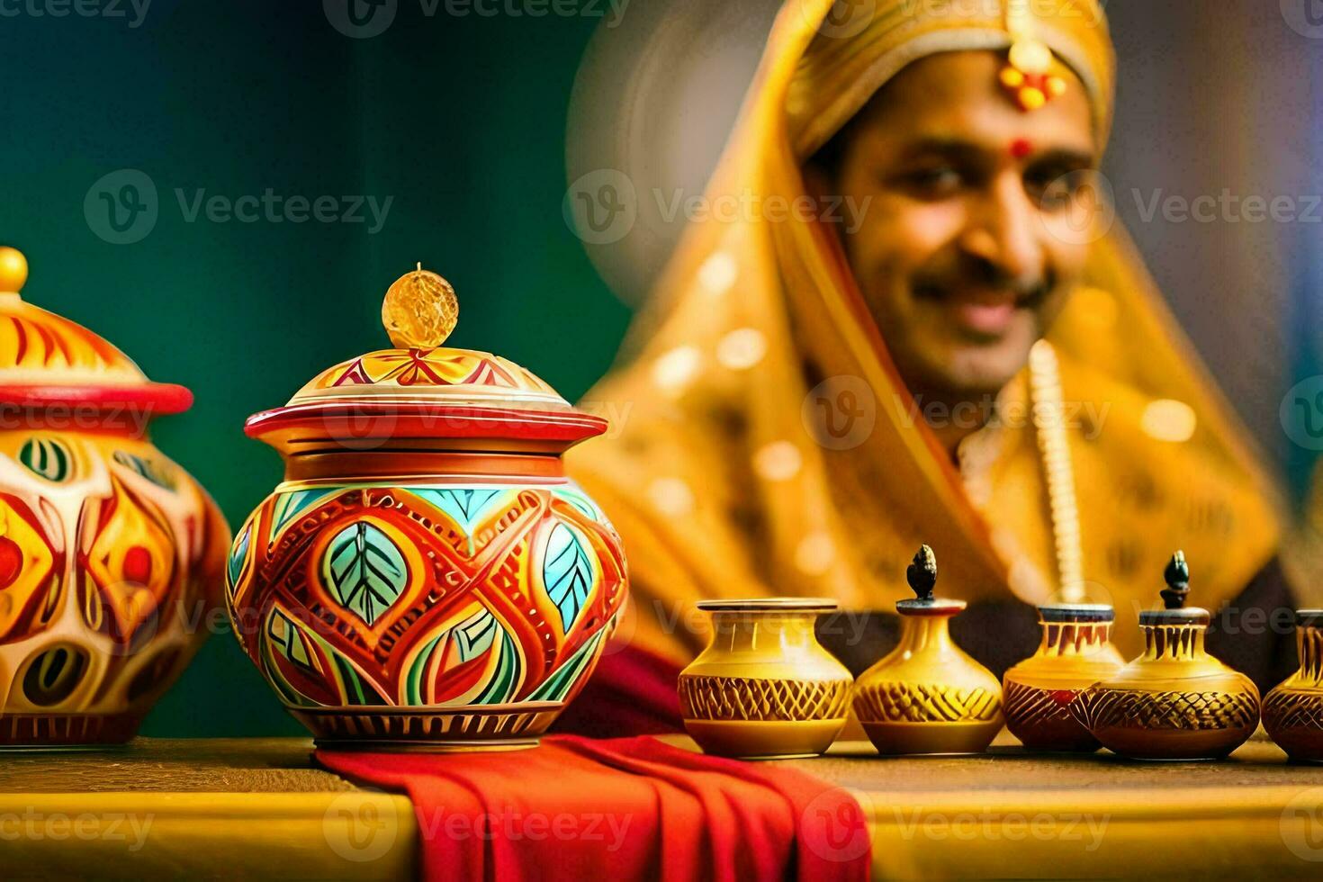 a man in traditional indian attire sits next to a pot and a vase. AI-Generated photo