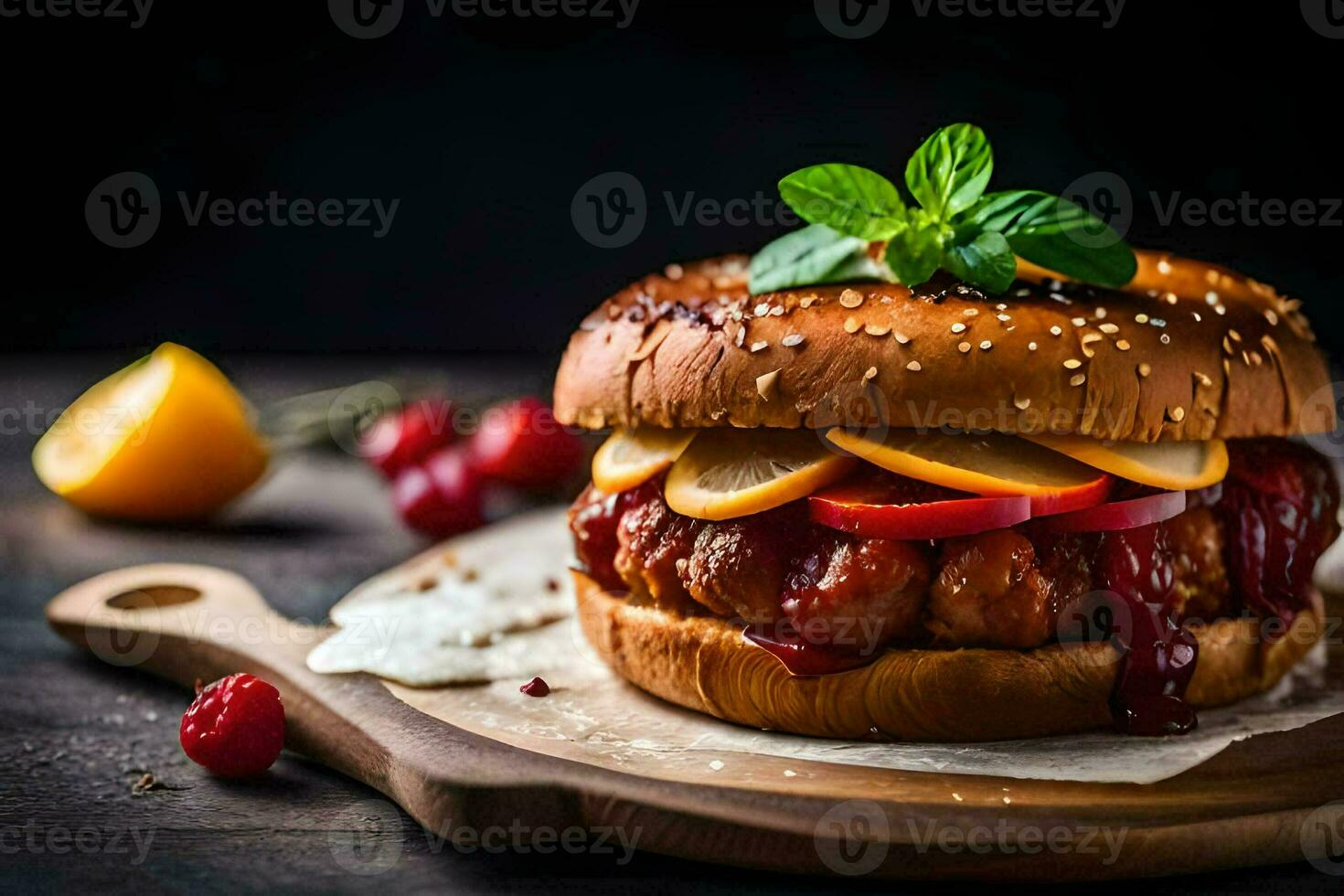 a hamburger with meat, cheese and berries. AI-Generated photo