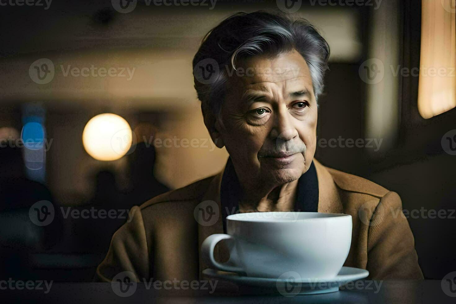 an older man sitting at a table with a cup of coffee. AI-Generated photo