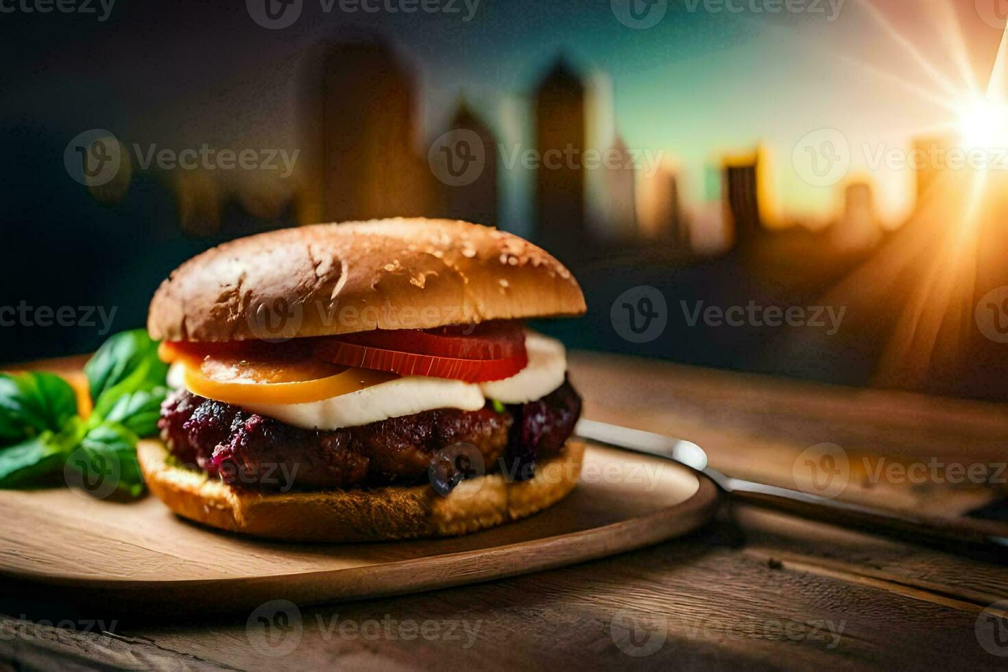 hamburguesa en un de madera tablero con ciudad horizonte en antecedentes. generado por ai foto