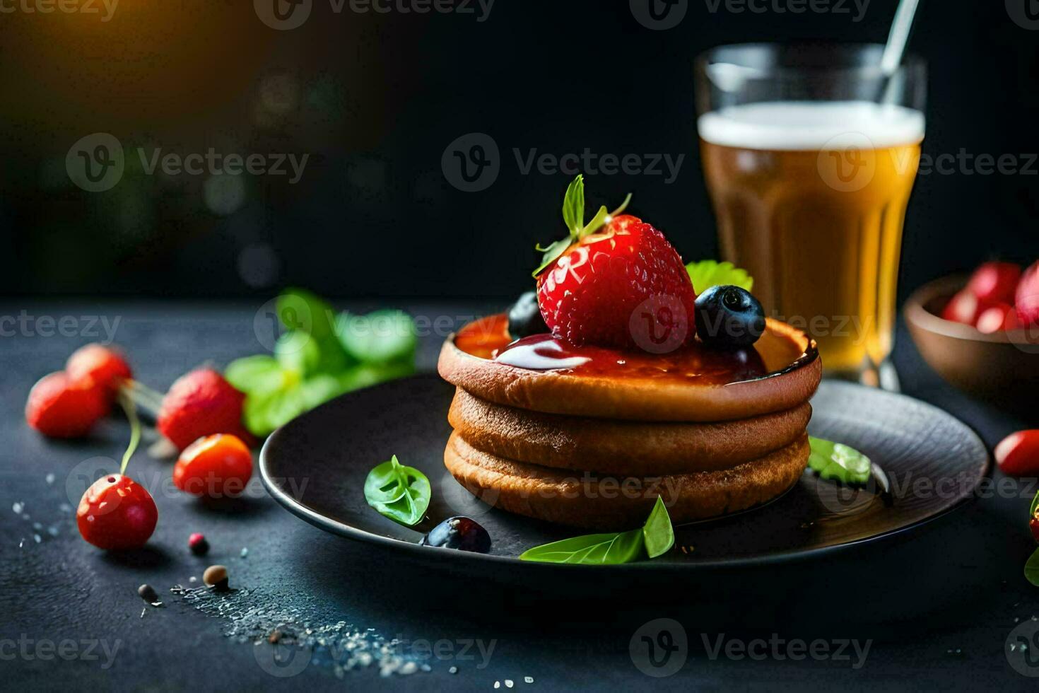 pancakes with berries and a glass of beer. AI-Generated photo
