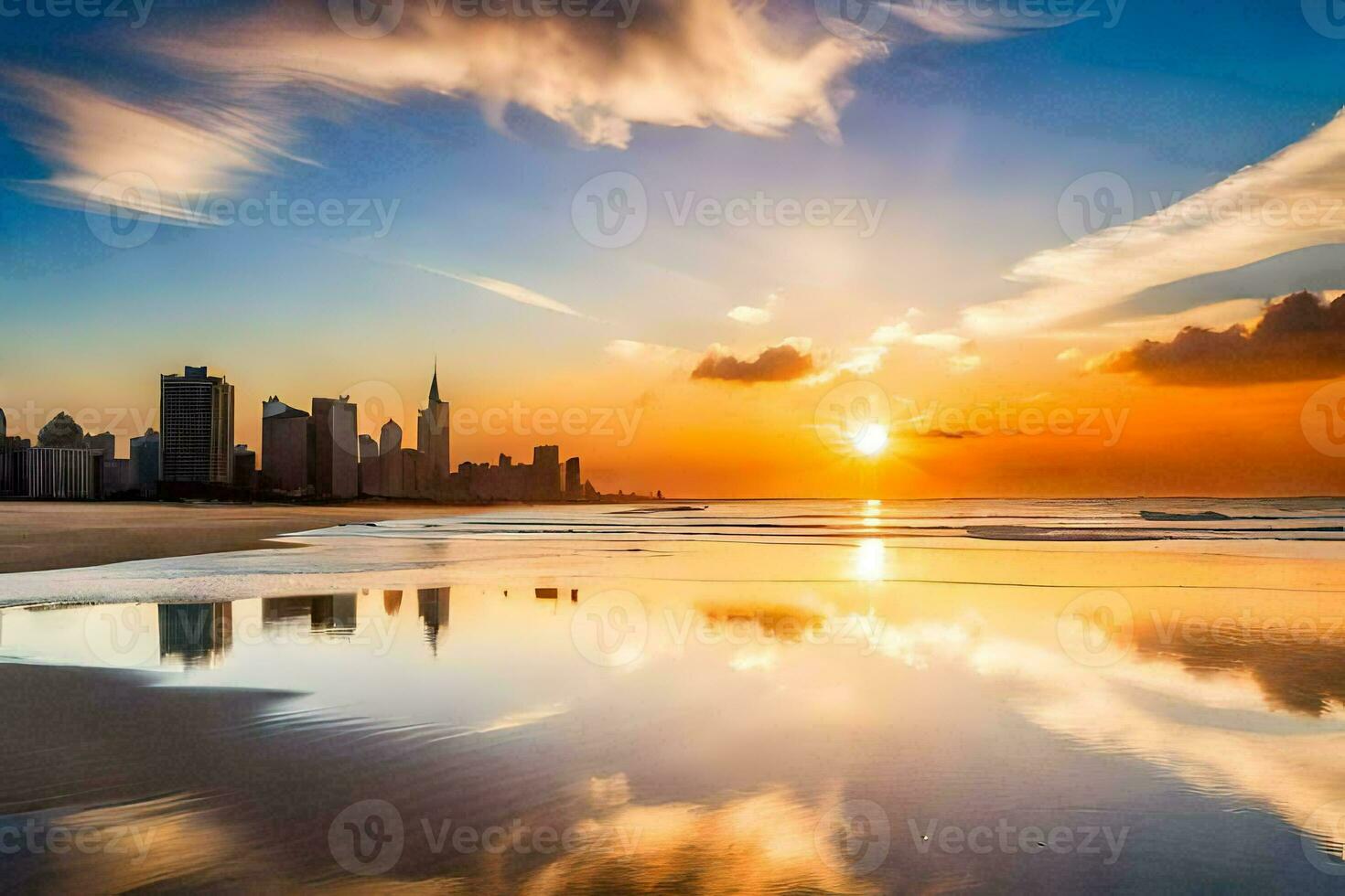 the sun sets over the city skyline in dubai. AI-Generated photo