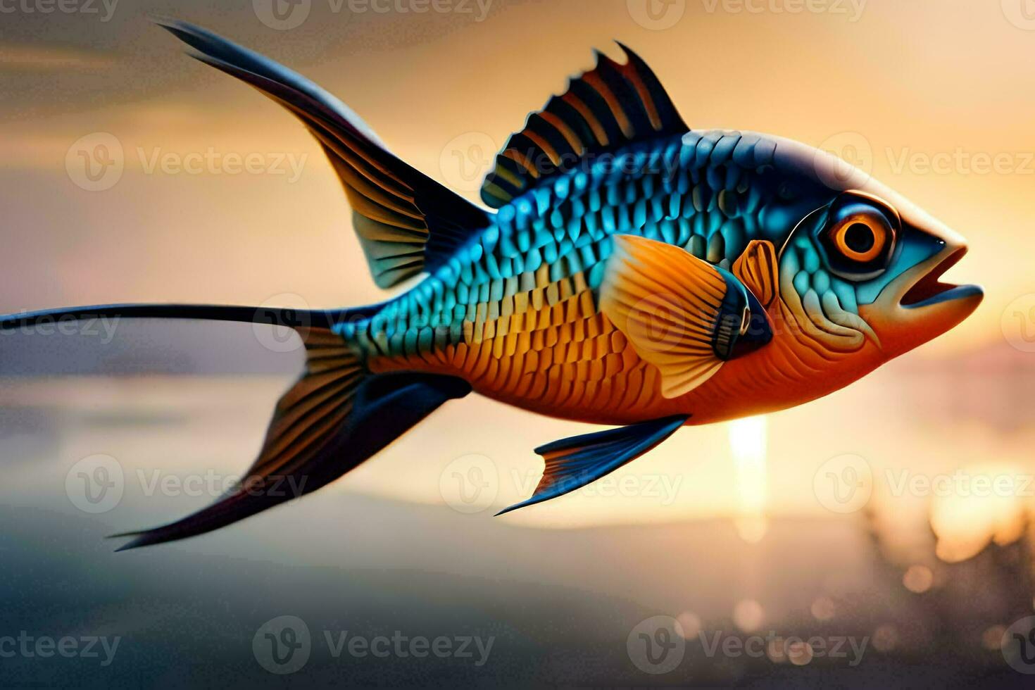 fish in the water at sunset with a sunset in the background. AI-Generated photo