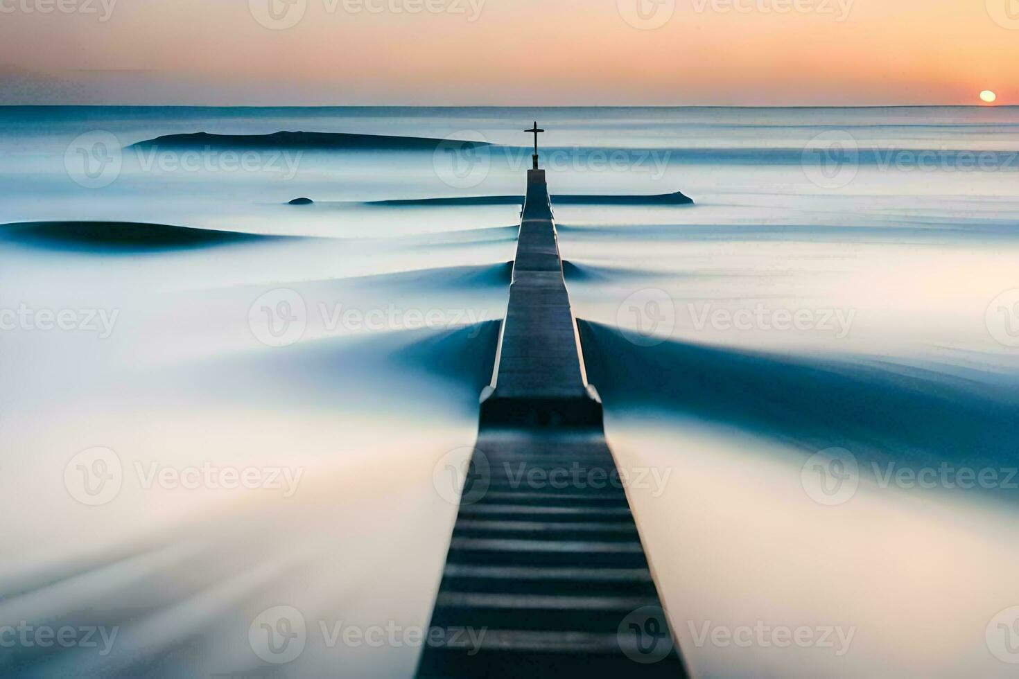 a long exposure photograph of a pier in the ocean. AI-Generated photo