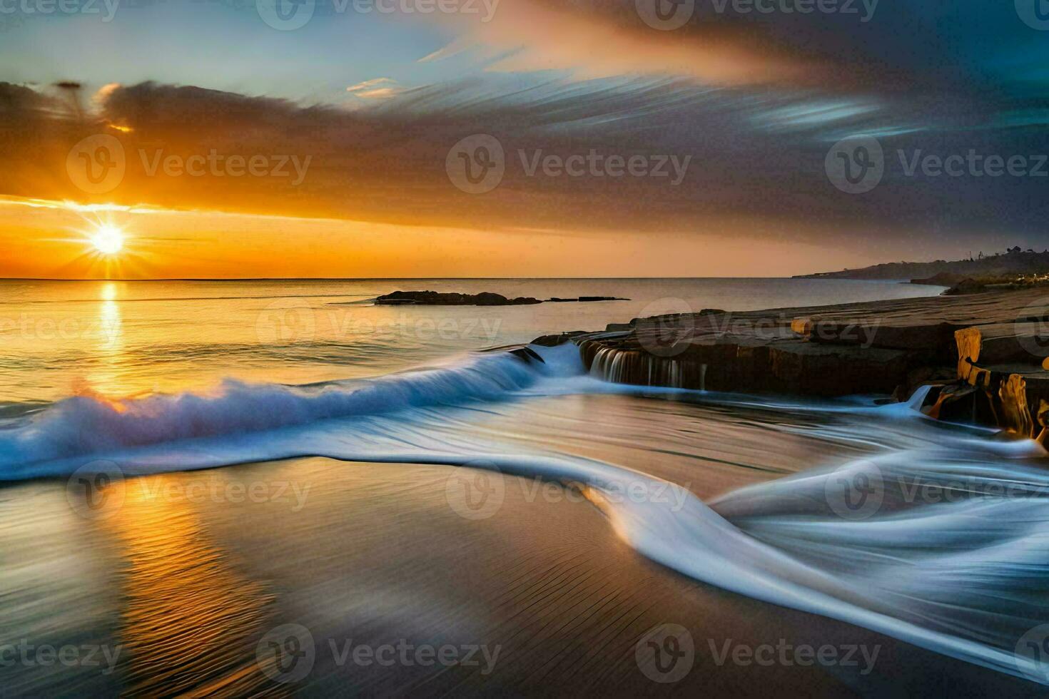 a beautiful sunset over the ocean with waves crashing into the shore. AI-Generated photo