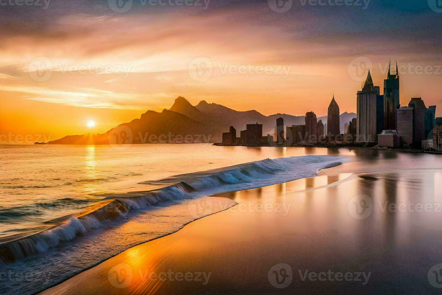 the sun sets over a beach and city skyline. AI-Generated photo