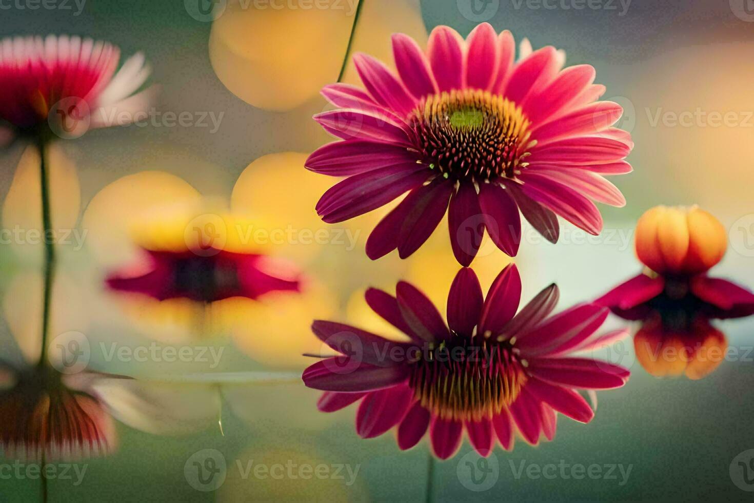 pink flowers are reflected in water with a blurred background. AI-Generated photo