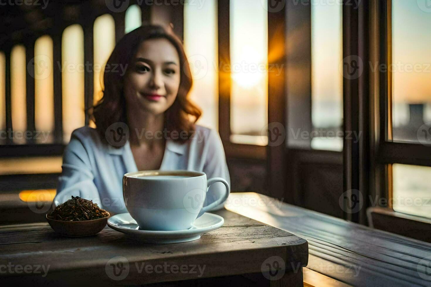 a woman sits at a table with a cup of coffee. AI-Generated photo