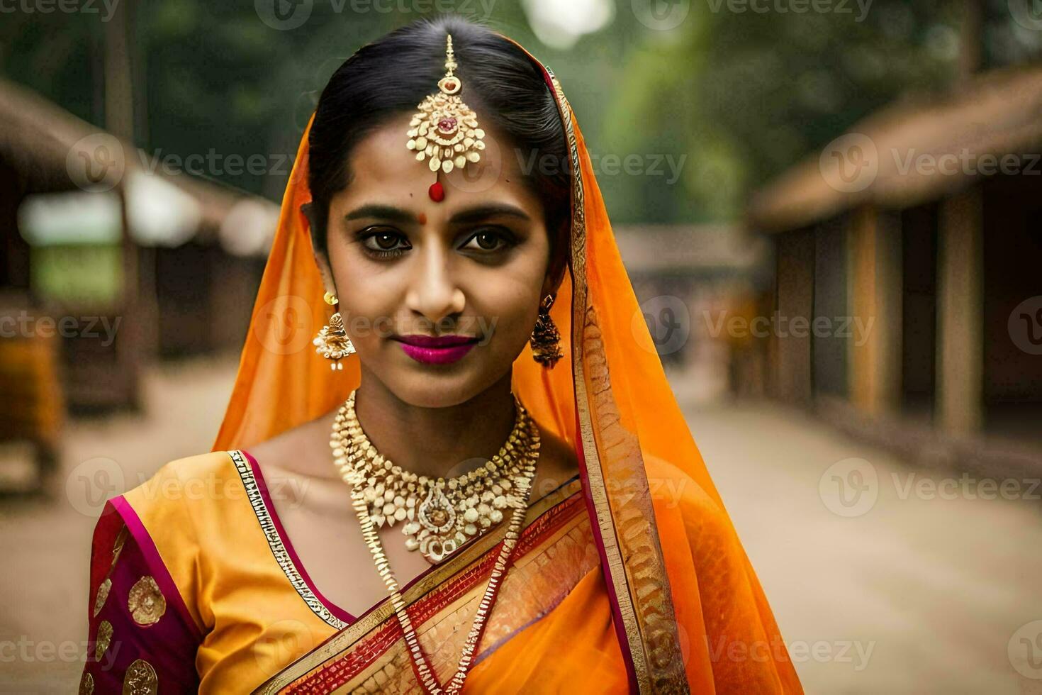 a woman in an orange sari and jewelry. AI-Generated photo